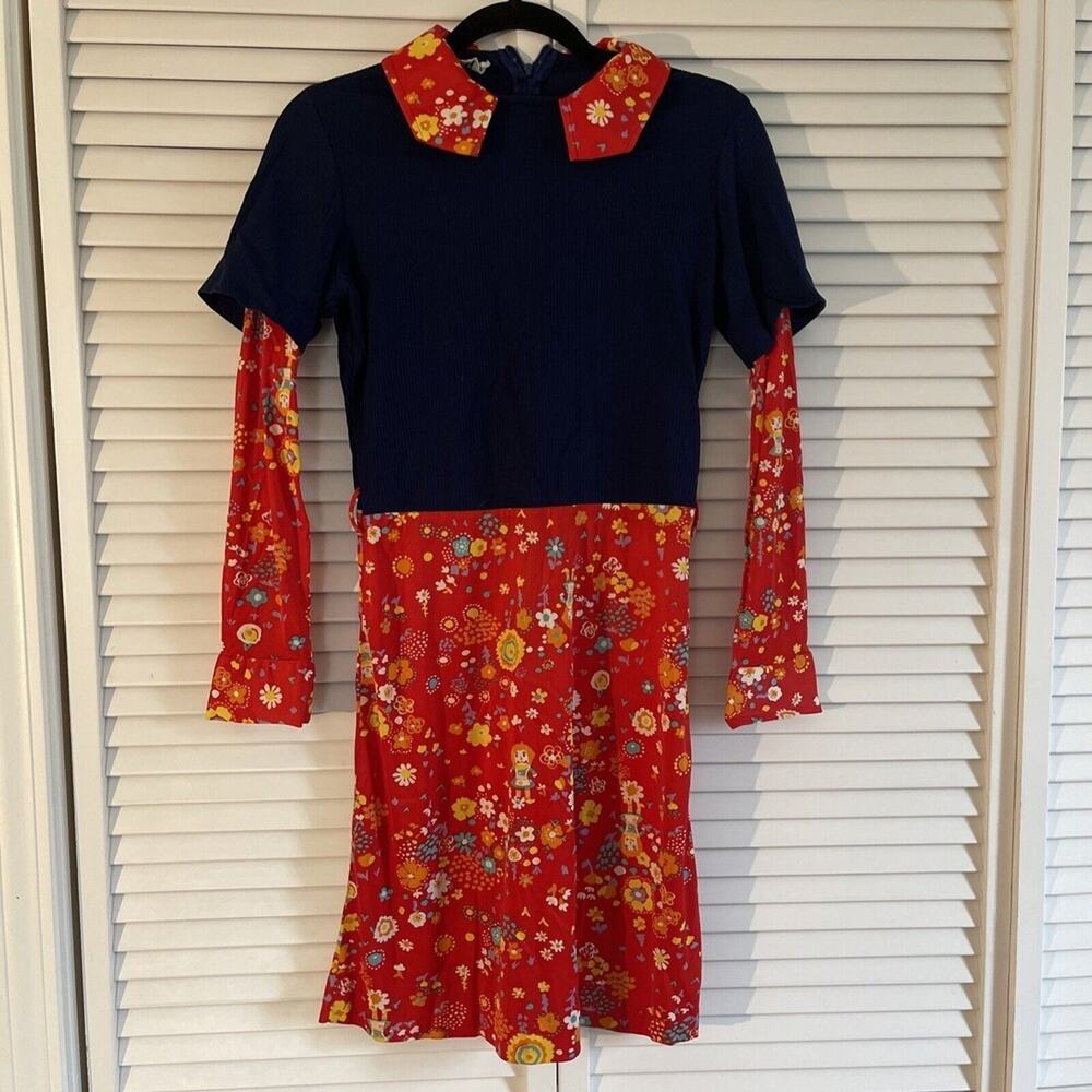 Vintage Kids Art‎ Shirt Polyester Dress Size 9/10 Navy Blue Red